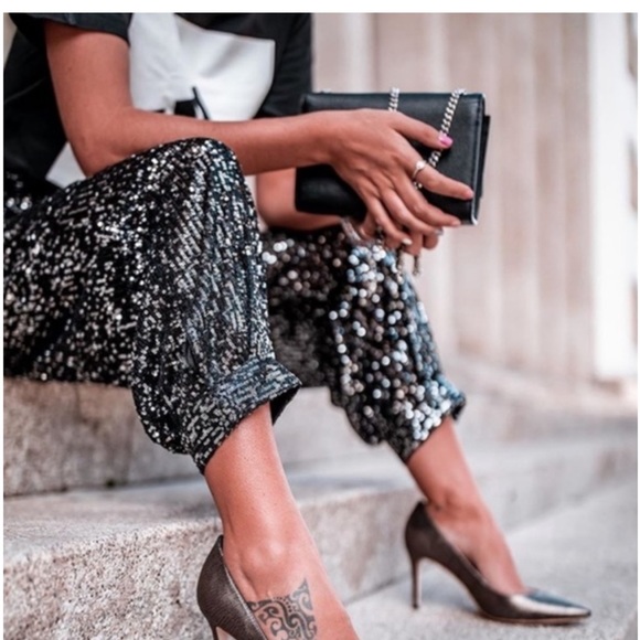 zara black sequin pants sz XL - Picture 10 of 11